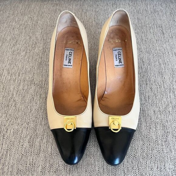 Celine Paris Leather Cap-Toe Two Toned Pumps Gold Hardware Size EU 38.5 - Picture 5 of 12